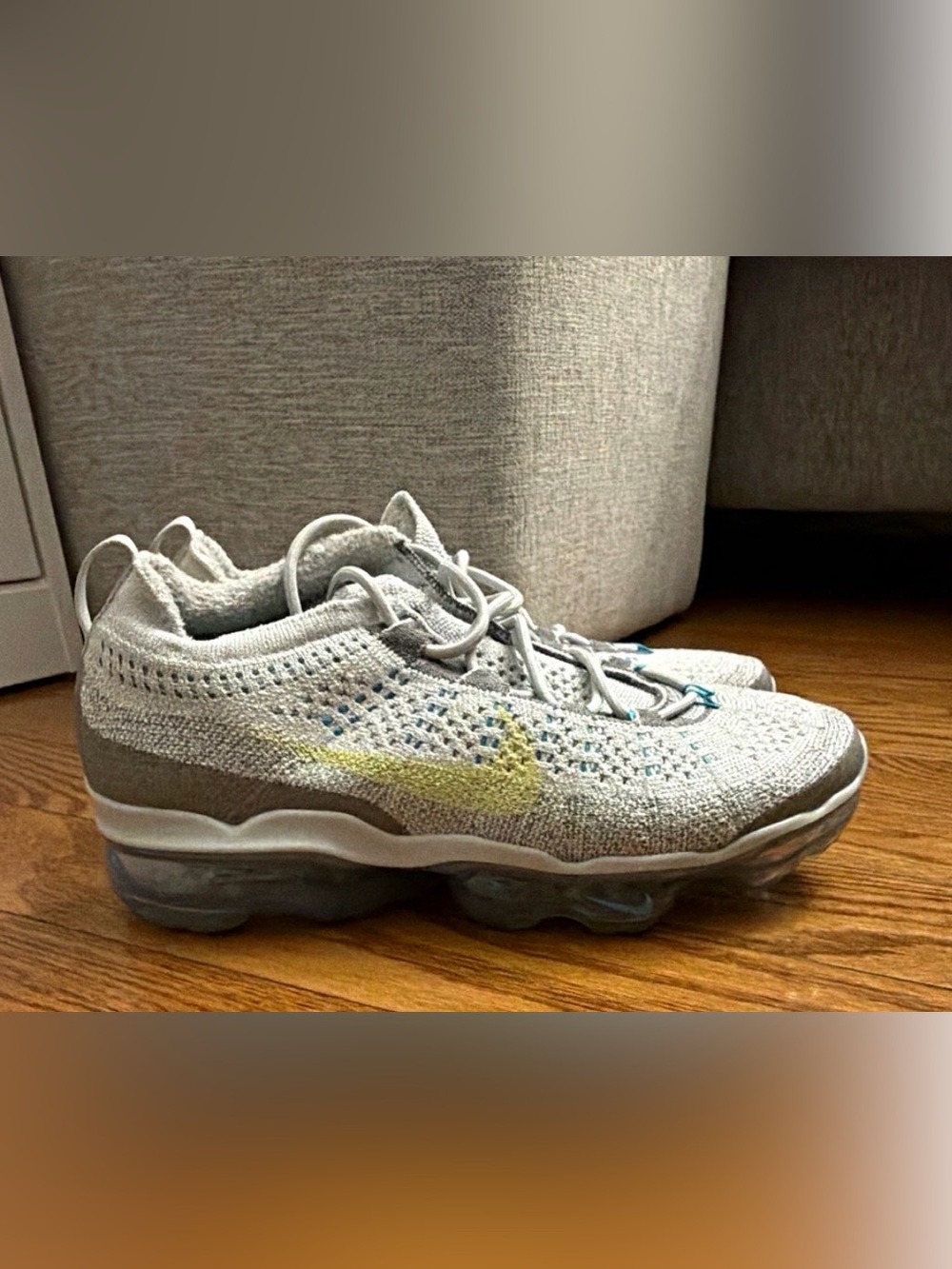 Nike Kids Knit Sneaker in Light Gray with Yellow Swoosh